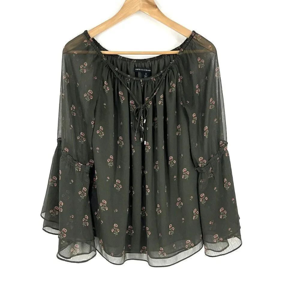 White House Black Market Top Size Small Green Olivia Print Blouse Boho Festival